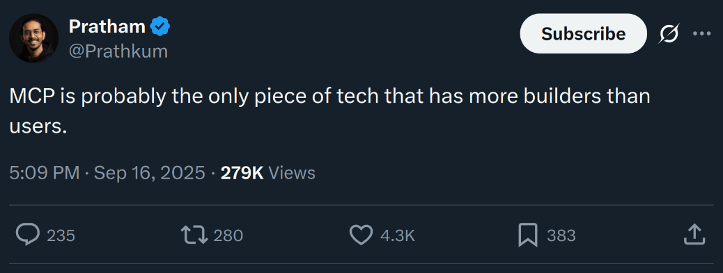 mcp is probably the only piece of tech that has more builders than users